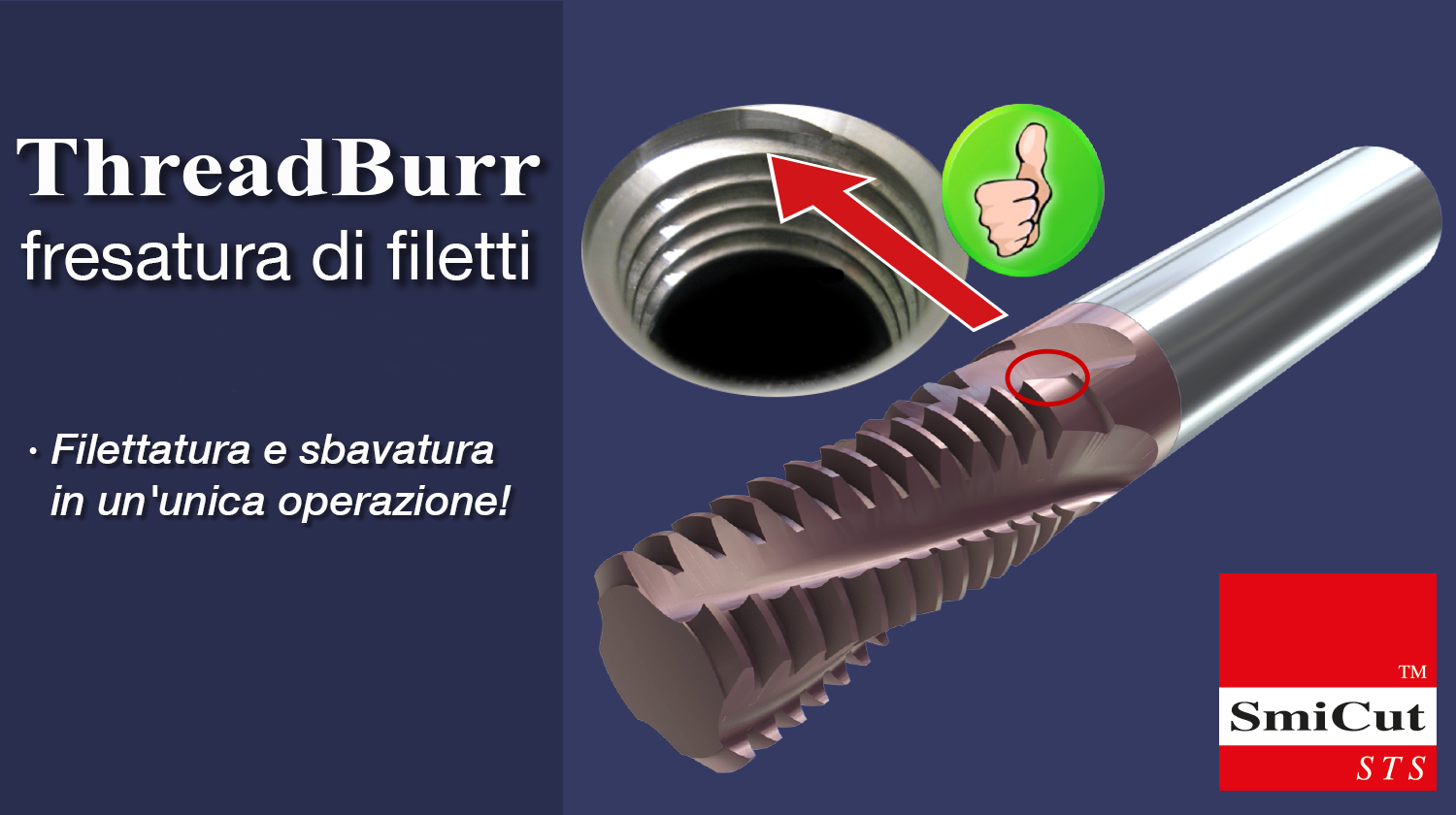 ThreadBurr – frese a filettare in metallo duro Filettatura e smusso in un’unica operazione Con le frese a filettare SmiCut (Threadburr) otterrete un buon ingresso e un filetto senza bave. Filettatura e smusso in un’unica operazione Non serve tempo ulteriore per lo smusso e la sbavatura